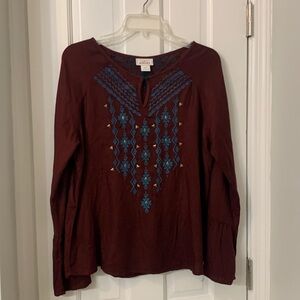 Ariat western blouse burgundy with teal embroidery and brass diamonds S/M